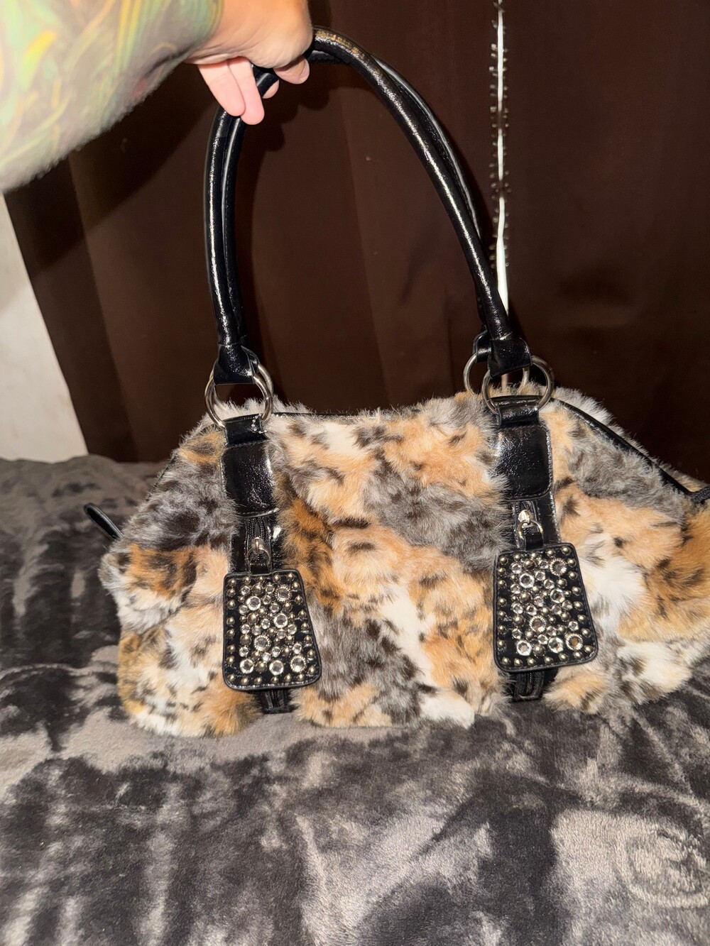 Faux Fur Leopard Print Handbag Black Rhinestone Accent Zipper Pockets